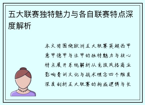 五大联赛独特魅力与各自联赛特点深度解析 五大联赛独特魅力与各自联赛特点深度解析